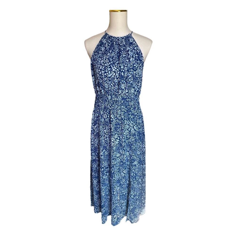 Madewell Dress Smocked Halter Midi Boho Dress in Blue Floral Print Size 8